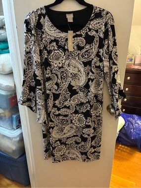Chico's Black and White Paisley Drama Sleeve Shift Dress NWT